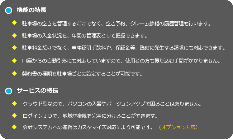 機能の特長 駐車場の空きを管理するだけでなく、空き予約、クレーム修繕の履歴管理も行います。 駐車場の入金状況を、年間の管理表として把握できます。 駐車料金だけでなく、車庫証明手数料や、保証金、臨時に発生する請求にも対応できます。 口座からの自動引き落としにも対応していますので、使用者の方も振り込み手間がかかりません。 契約書の種類を駐車場ごとに設定することが可能です。  サービスの特徴 クラウド型なので、パソコンの入替やバージョンアップで困ることはありません。 ログインIDで、地域や権限を完全に分けることができます。 会計システムへの連携はカスタマイズ対応により可能です。（オプション対応）